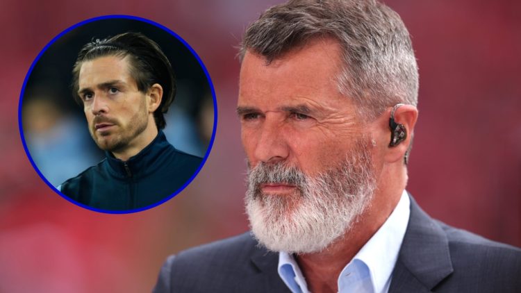 Roy Keane watching on as a pundit. Inset, Jack Grealish prior to Manchester City game.