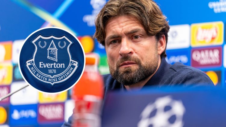 Rangers manager Russell Martin. Inset of Everton badge.