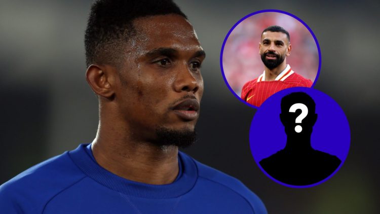 Samuel Eto'o warming up for Everton. Inset, Liverpool's Mohamed Salah. Inset, EN mystery player.
