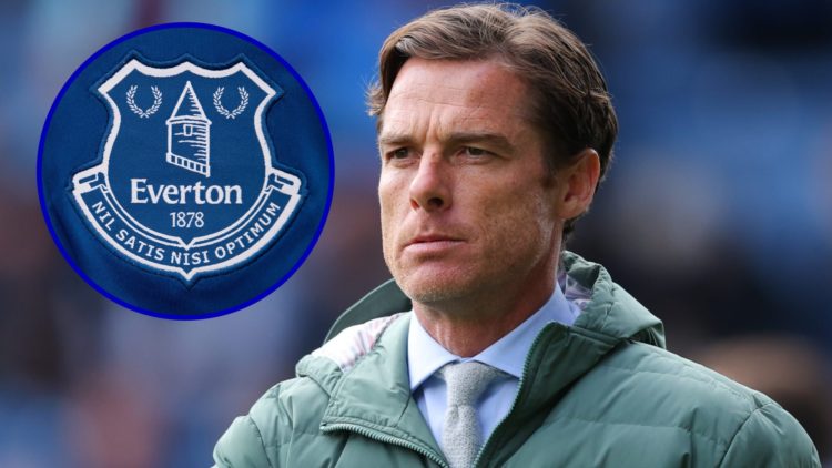 Burnley manager Scott Parker watching on. Inset, Everton badge.