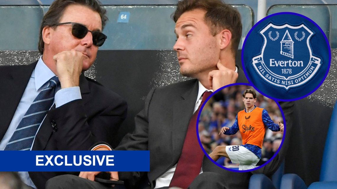 Dan Friedkin looks at son Ryan Friedkin. Inset, Everton's Tyler Dibling. Inset, Everton badge.