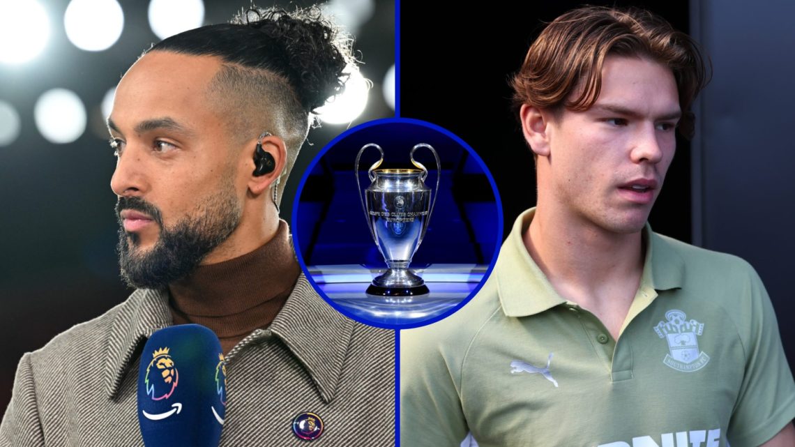 Split image of Former Everton player Theo Walcott and Southampton star Tyler Dibling. Inset, the Champions League trophy.