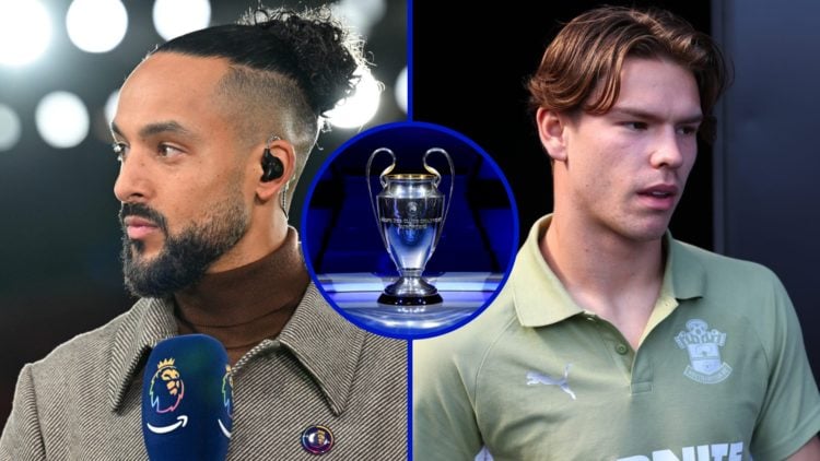 Split image of Former Everton player Theo Walcott and Southampton star Tyler Dibling. Inset, the Champions League trophy.