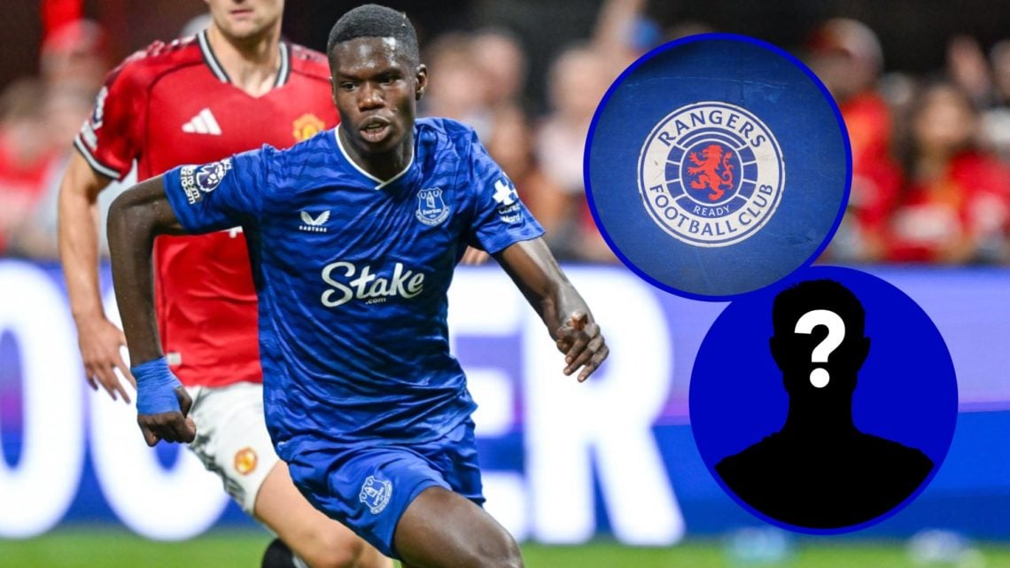 Thierno Barry in action for Everton. Inset, Rangers badge. Inset, EN mystery player.