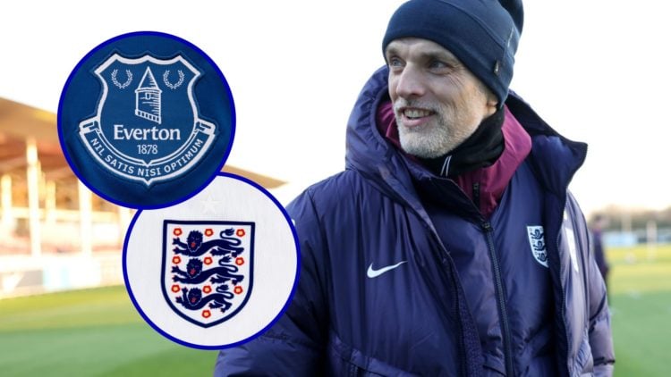 England manager Thomas Tuchel. Inset, Everton badge. Inset, England badge.