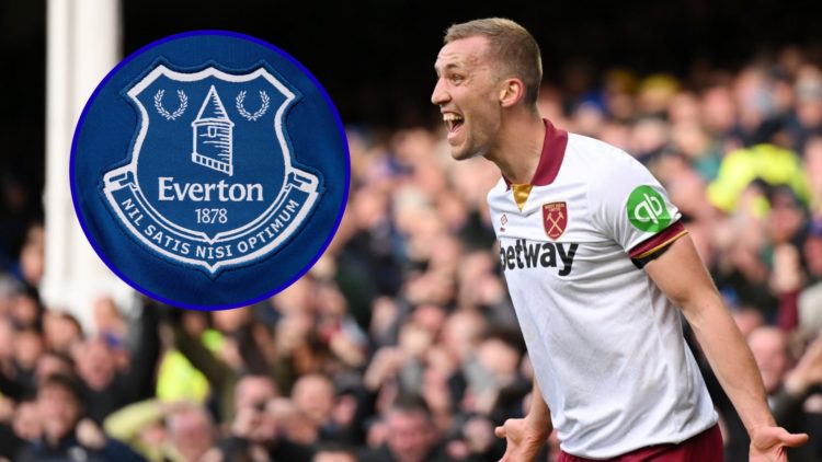 West Ham midfielder Tomas Soucek celebrates. Inset, Everton badge.