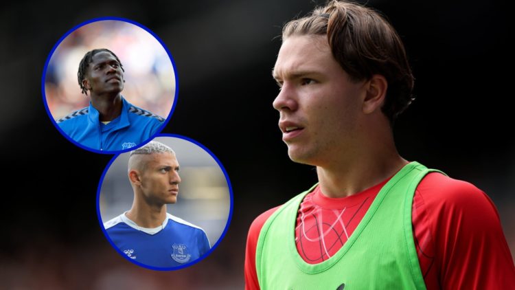 Tyler Dibling watching on for Southampton. Inset, Amadou Onana at Everton. Inset, Richarlison warming up for Everton.