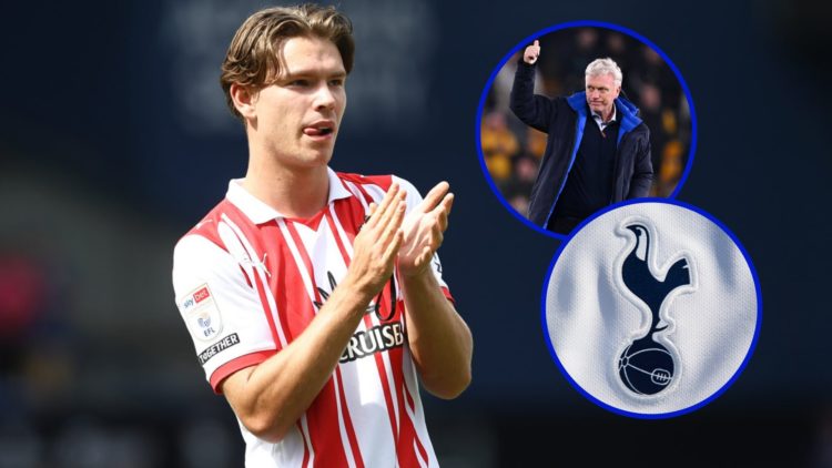 Southampton player Tyler Dibling. Inset, Everton boss David Moyes giving thumbs up. Inset, Tottenham badge.