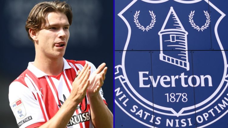 Split image of Tyler Dibling clapping the Southampton fans and the Everton badge on Goodison Park.