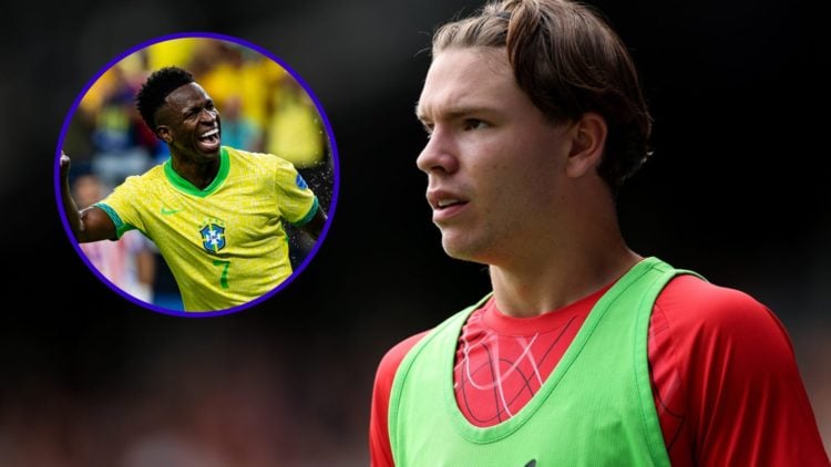 Tyler Dibling warming up for Southampton. Inset, Vinicius Junior celebrating for Brazil.