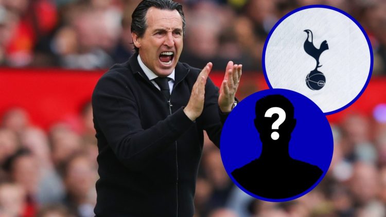 Aston Villa manager Unai Emery. Inset, Tottenham badge. Inset, EN mystery player icon.