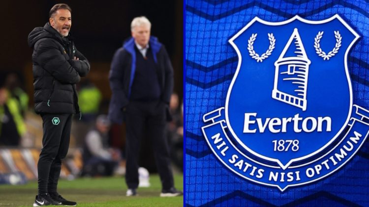 Split image of Wolves manager Vitor Pereira and Everton's badge on 2025/26 home shirt.