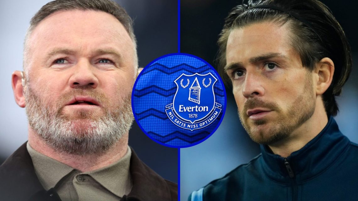 Split of Former Everton player Wayne Rooney and Man Cit winger Jack Grealish. Inset, Everton badge on 2025/25 home kit.