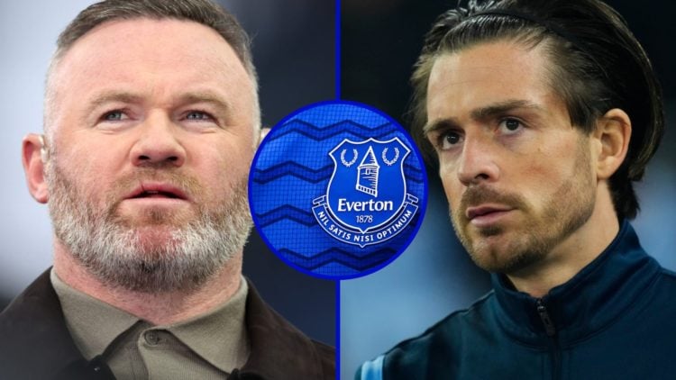 Split of Former Everton player Wayne Rooney and Man Cit winger Jack Grealish. Inset, Everton badge on 2025/25 home kit.