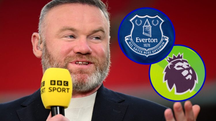Wayne Rooney as a BBC Sports pundit. Inset, Everton badge. Inset, Premier League logo.