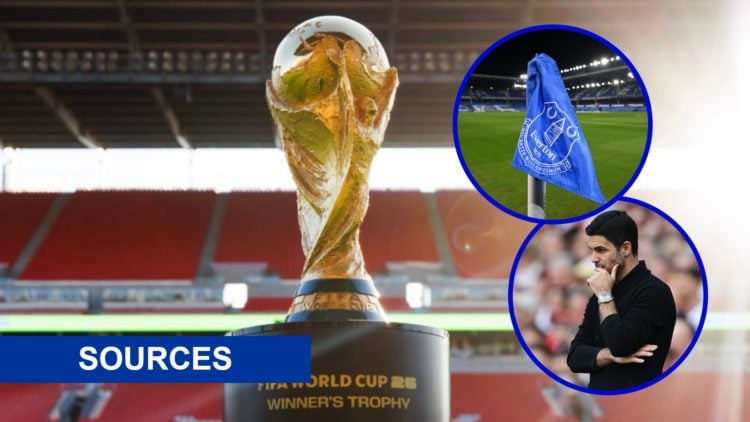 World Cup trophy. Inset, Everton badge on corner flag. Inset, Arsenal manager Mikel Arteta looking on.