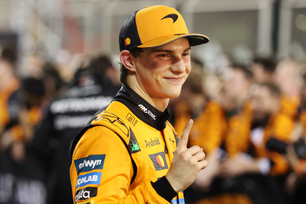 Race winner Oscar Piastri of Australia and McLaren celebrates in parc ferme during the F1 Grand Prix of Bahrain.