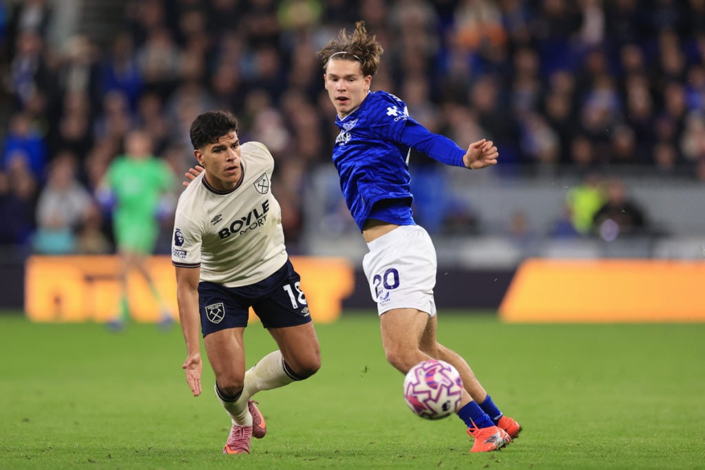 Everton winger Tyler Dibling in action against West Ham United.