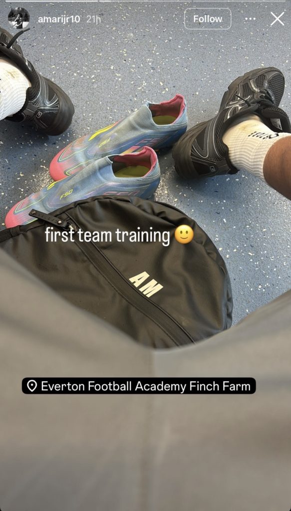 Amari Moses shares Instagram story after being called up to first-team training.