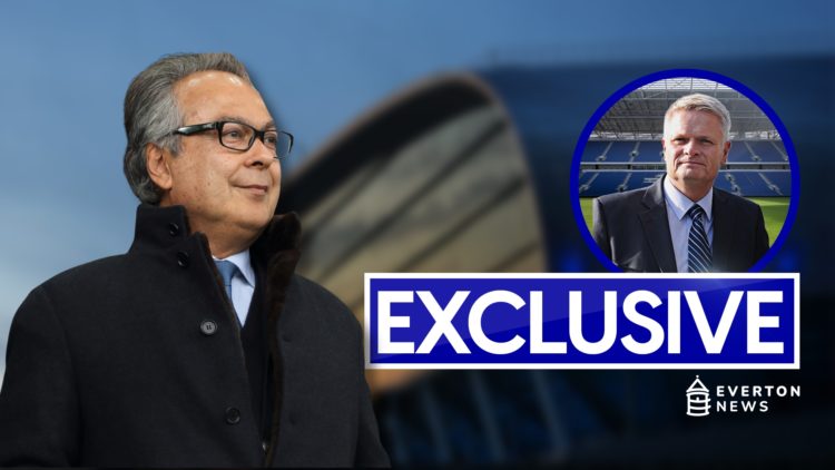 Farhad Moshiri looks on during the Premier League match between Everton and Arsenal at Goodison Park. The setting sun is reflected at Bramley Moore...