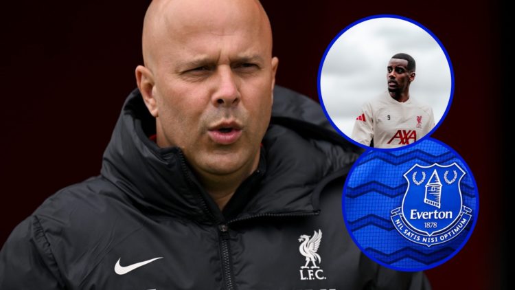 Liverpool manager Arne Slot. Inset, Liverpool striker Alexander Isak in training. Inset, Everton badge.