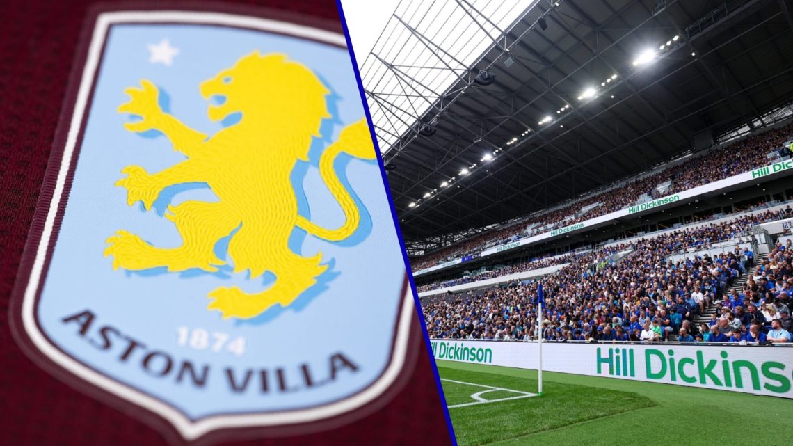 Split image of Aston Villa badge and Everton's Hill Dickinson Stadium.
