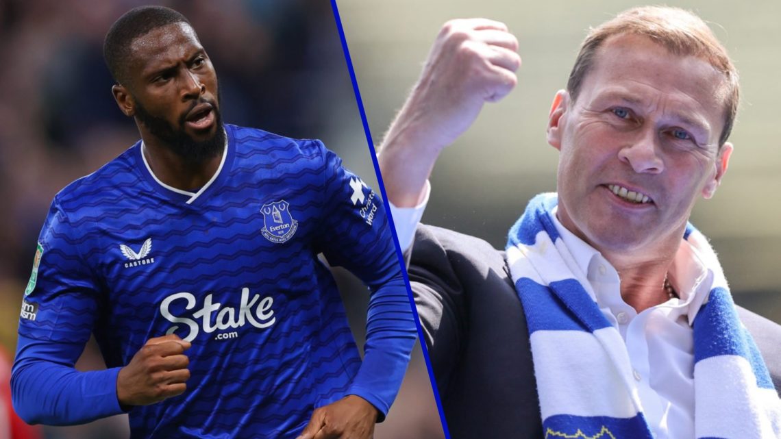 Split image of Everton striker Beto and Duncan Ferguson celebrating in Everton's final Goodison Park game.