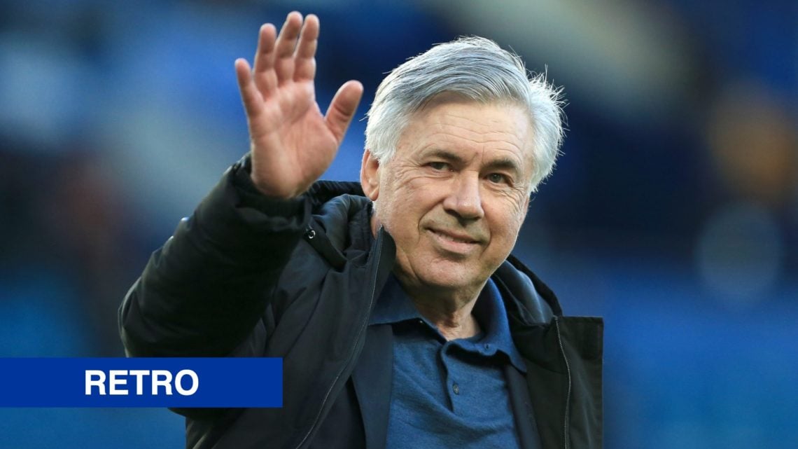 Former Everton manager Carlo Ancelotti. Inset of retro banner.