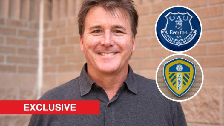 Everton owner Dan Friedkin. Inset of Everton and Leeds United badges with exclusive banner.