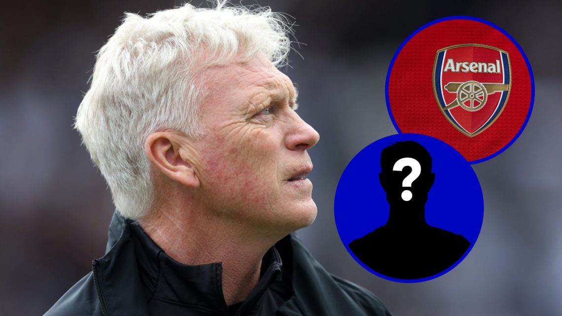 Everton manager David Moyes. Inset, Arsenal badge. Inset, EN mystery player icon.
