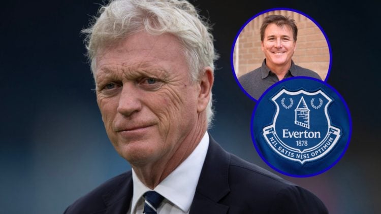 Everton manager David Moyes. Inset, Everton owner Dan Friedkin. Inset, Everton badge.