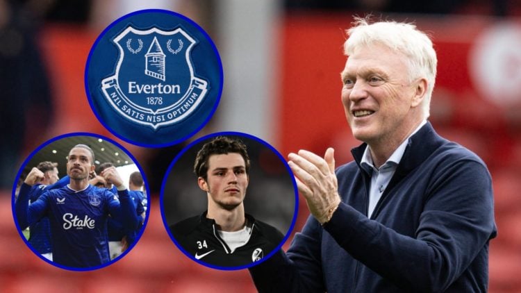 Everton boss David Moyes clapping the fans. Inset, Jack Grealish celebrating for Everton. Inset, Freiburg midfielder Merlin Rohl.