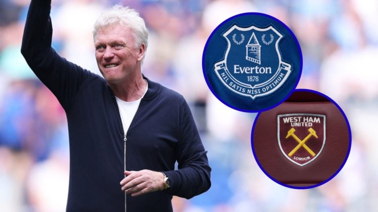Everton manager David Moyes celebrating. Inset, Everton badge. Inset, West Ham badge.