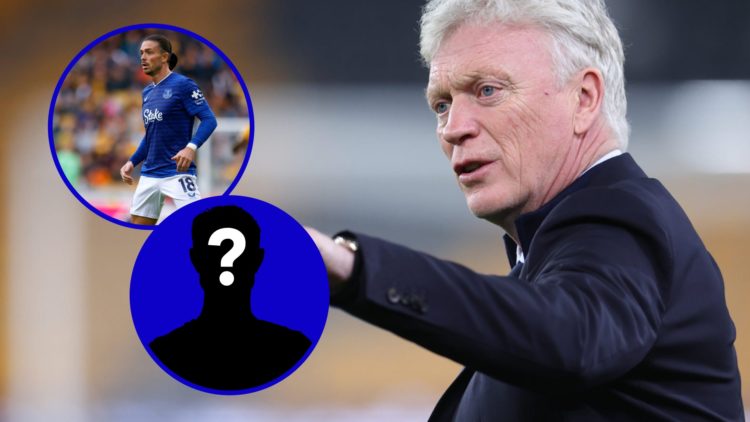 Everton manager David Moyes. Inset, Jack Grealish playing for Everton. Inset, EN mystery player.
