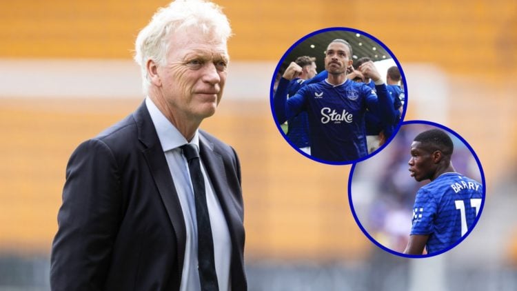 Everton manager David Moyes looking on. Inset, Jack Grealish celebrating for Everton. Inset, Striker Thierno Barry.
