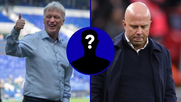 Split image of Everton manager David Moyes and Liverpool boss Arne Slot. Inset, EN mystery player.