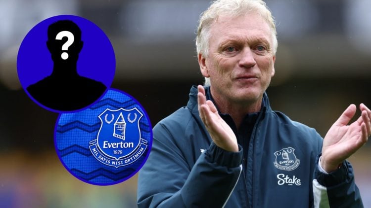 Everton manager David Moyes. Inset, EN mystery player. Inset, Everton badge on 2025/26 home kit.