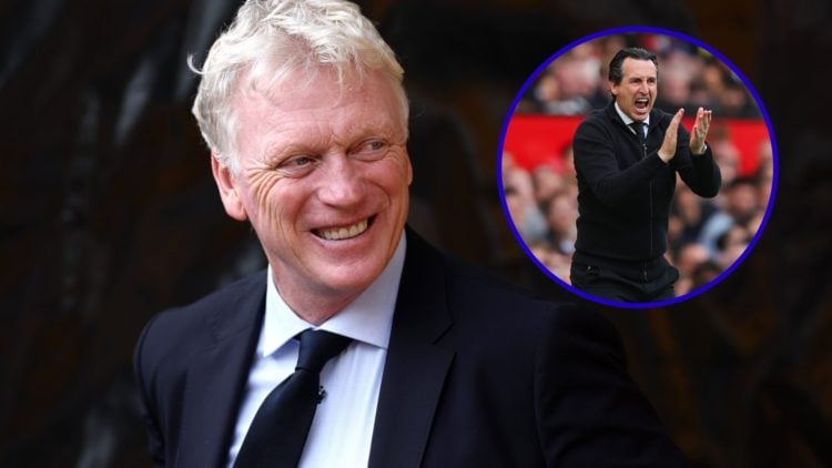Everton manager David Moyes smiling. Inset, Aston Villa boss Unai Emery claps on the sidelines.