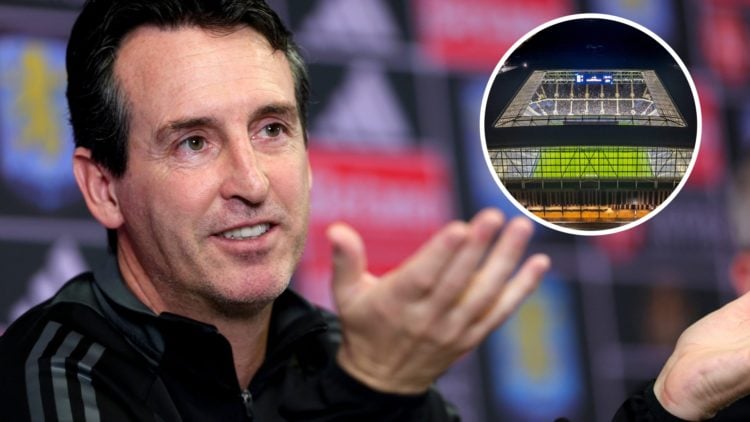 Aston Villa manager Unai Emery. Inset of Everton's Hill Dickinson Stadium.