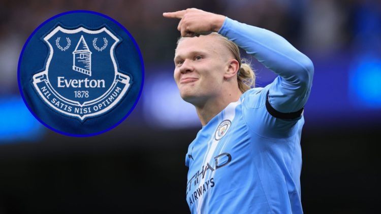 Manchester City striker Erling Haaland. Inset, Everton badge.