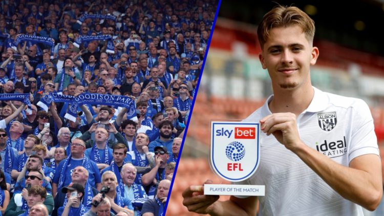 Split image of Everton fans at Goodison Park and West Brom midfielder Isaac Price.