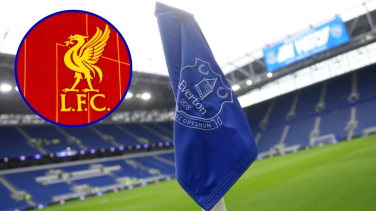 Everton corner flag at Hill Dickinson Stadium. Inset, Liverpool badge.