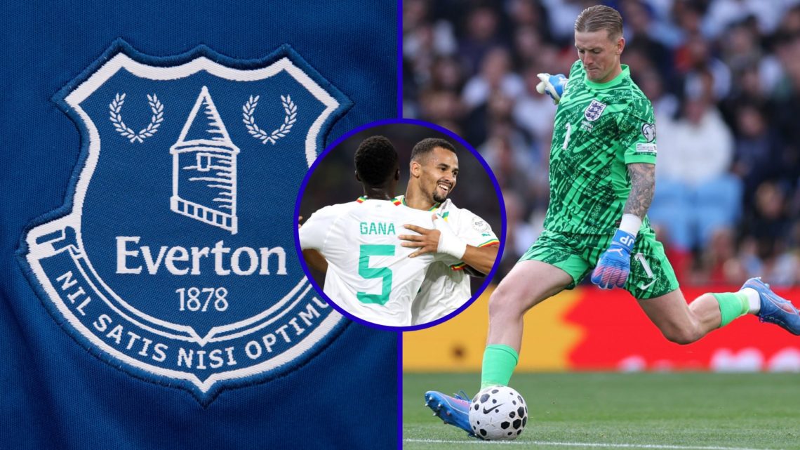 Split image of Everton badge and Jordan Pickford playing for England. Inset, Iliman Ndiaye and Idrissa Gana Gueye celebrate for Senegal.