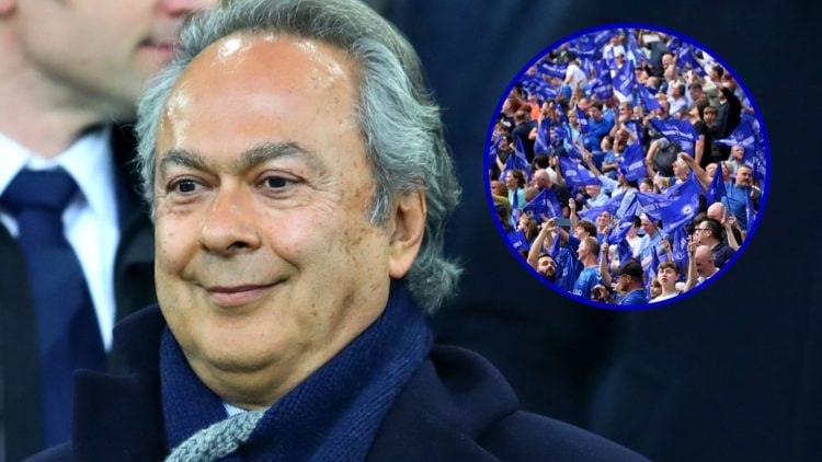 Former Everton owner Farhad Moshiri. Inset, Everton fans at the Hill Dickinson Stadium.