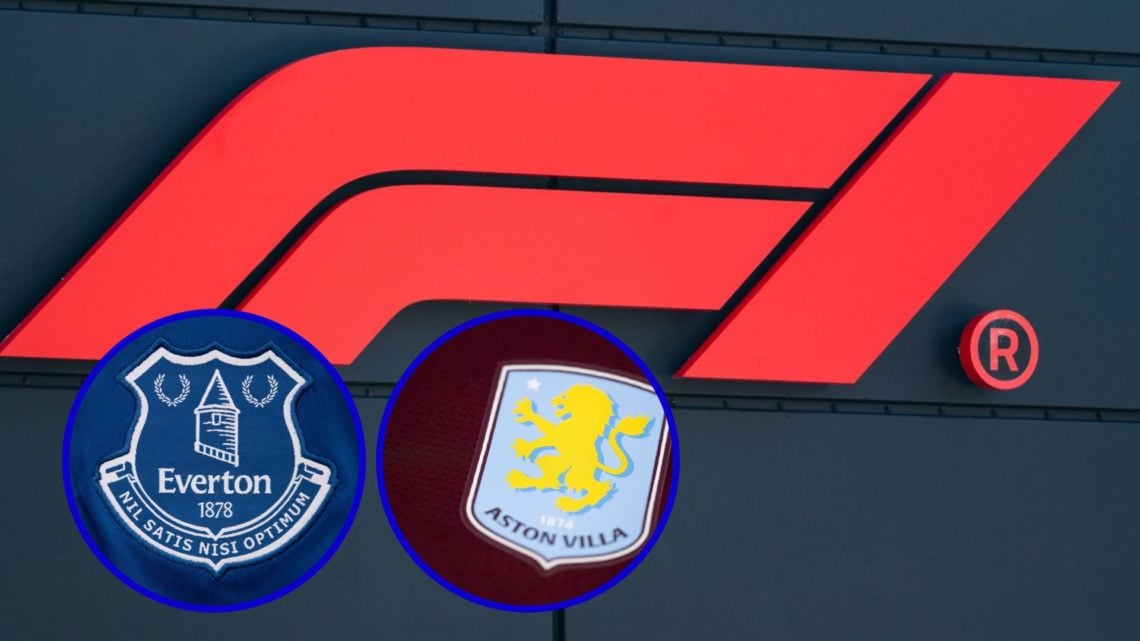 Formula One logo. Inset, Everton badge. Inset, Aston Villa badge.