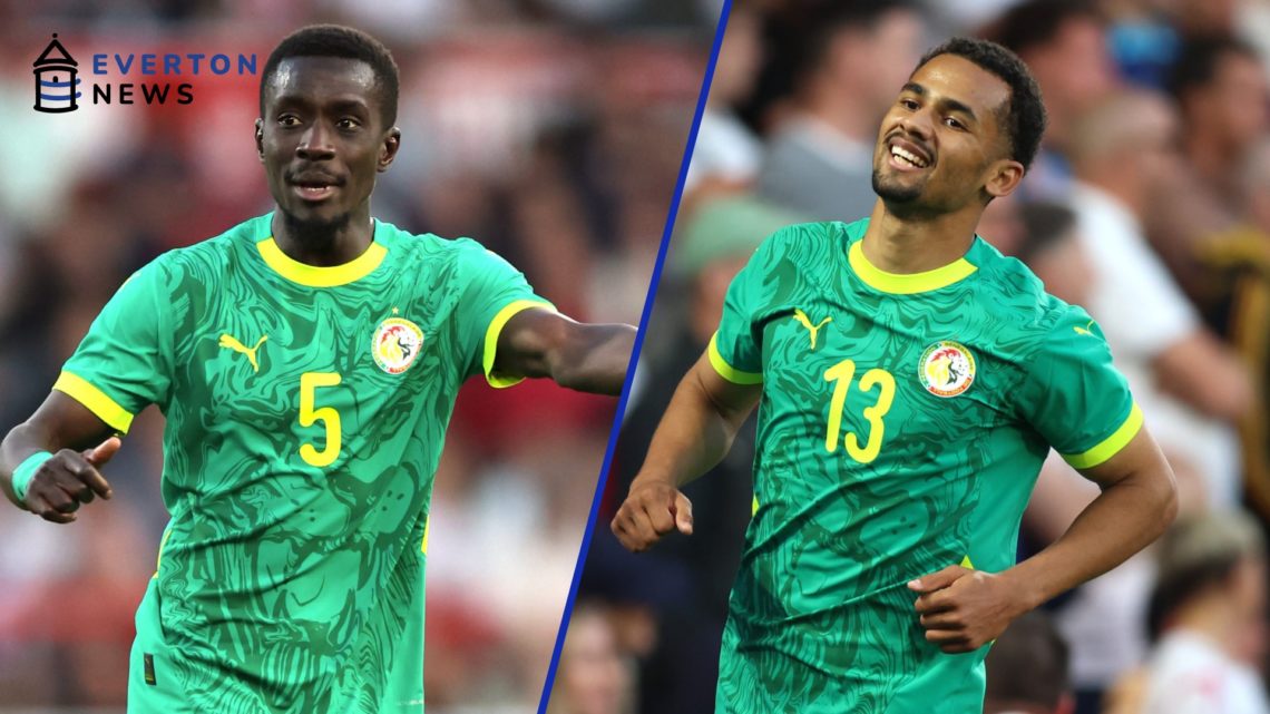 Idrissa Gana Gueye and Iliman Ndiaye react during Senegal's friendly against England at the City Ground.