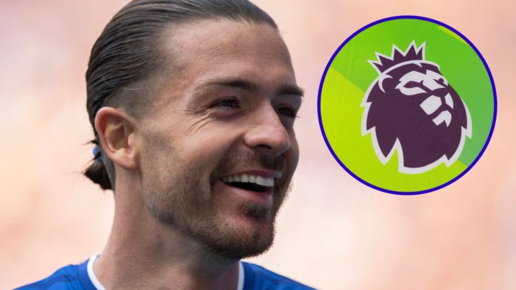 Everton's Jack Grealish laughing. Inset, the Premier League logo.
