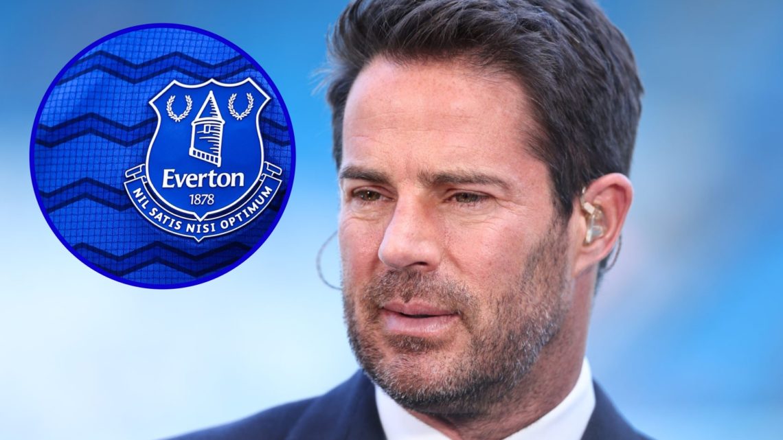 Pundit Jamie Redknapp for Sky Sports. Inset, Everton badge on 2025/26 home shirt.