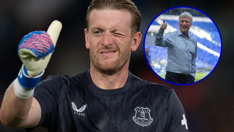 Everton goalkeeper Jordan Pickford giving thumbs up. Inset, Everton manager David Moyes reacts to fans.
