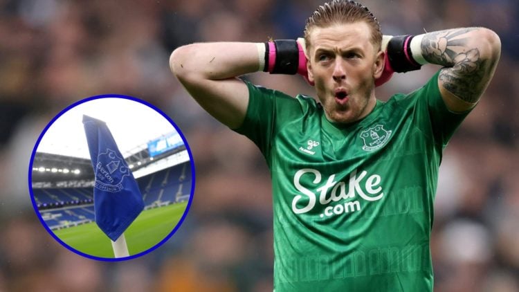 Everton goalkeeper Jordan Pickford. Inset, Everton corner flag at the Hill Dickinson Stadium.